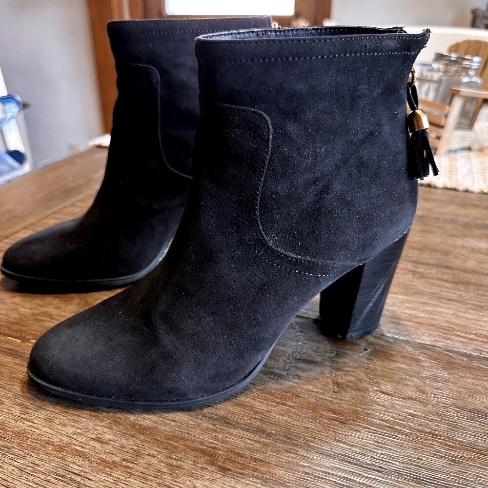 Ann Klein Leather Suede Ankle Boots Block Heel Tassel Zip Booties Black Shoes 8